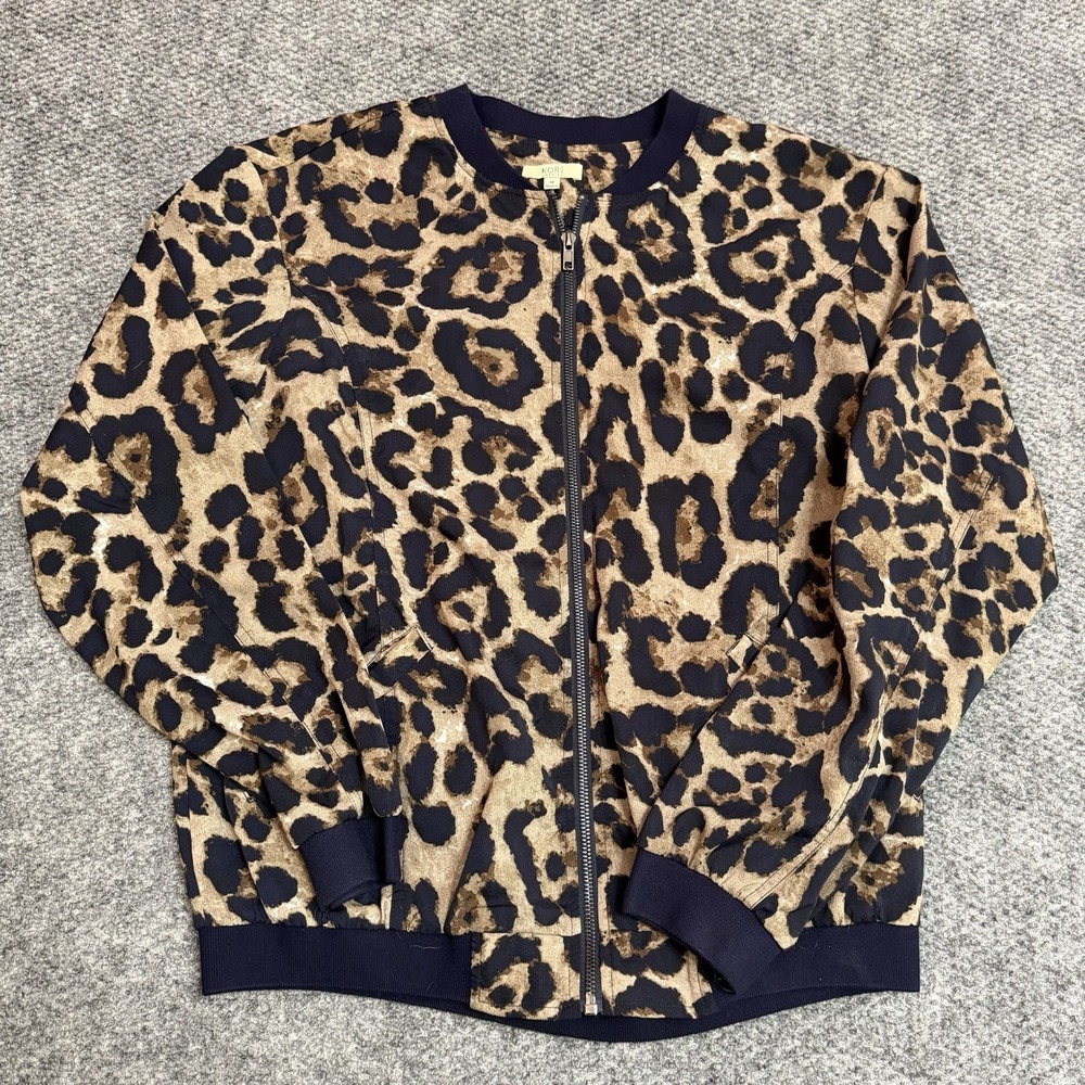 Kori America Women's Leopard Animal Print Full Zip Bomber Jacket Black Trim M